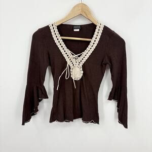 Vintage Y2K Top Small Bell Sleeve Crochet Lace Up Whimsigoth Forest Fairy Boho